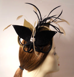 Two Tone Velour Fascinator with Coque and Biot Feathers and Vintage Style Brooch