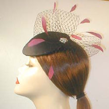 Load image into Gallery viewer, Satin Fascinator with Birdcage Veiling ,Vintage Inspired Brooch and Coque Feathers