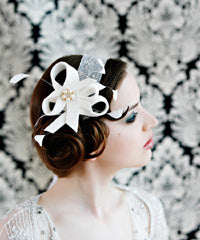 Velour Sculpture Fascinator with coque Feathers and Pearl Brooch