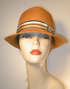 Tear Drop Panama Fedora with Stripped Grosgrain Band and Silver Butterfly Buckle