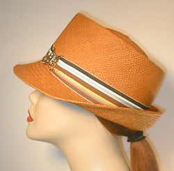 Tear Drop Panama Fedora with Stripped Grosgrain Band and Silver Butterfly Buckle