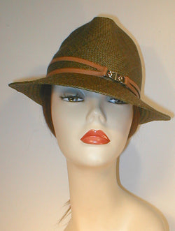 Panama Pinch Front Fedora with Double Leather Band and Silver Buckle.