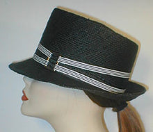 Load image into Gallery viewer, Panama Teardrop Fedora with Stripped Grosgrain Bands and Silver Buckle.