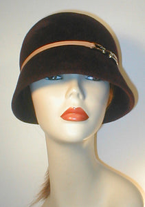 Velour Cloche with Leather Band and Silver Buckle.